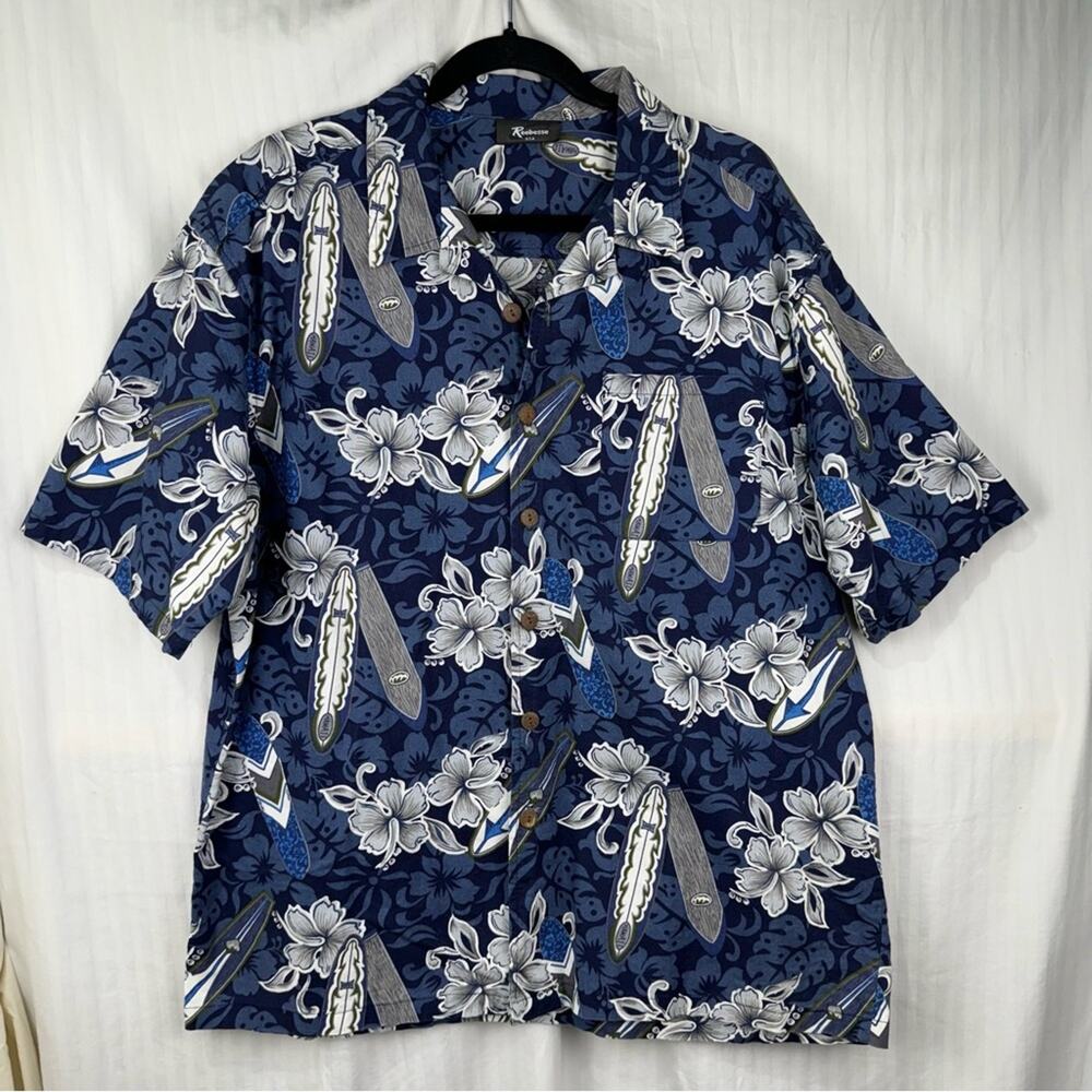 Reebeese USA Button Down Shirt Men’s Size XL Hawaii Surf Top Blue Cotton Florals